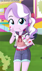 Size: 457x773 | Tagged: safe, artist:charliexe, character:diamond tiara, my little pony:equestria girls, belly button, candy, clothing, cute, diamondbetes, ear piercing, earring, female, food, jewelry, looking at you, midriff, piercing, short shirt, shorts, smiling, solo