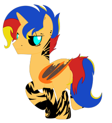 Size: 3153x3457 | Tagged: safe, artist:rerorir, artist:rukemon, base used, oc, oc only, oc:dark-sun guard, parent:flash sentry, parent:sunset shimmer, parents:flashimmer, species:demon pony, species:pony, bat wings, black sclera, blank flank, colored sclera, commission, demon, ear piercing, earring, eye scar, eyebrow piercing, jewelry, male, multicolored hair, nose piercing, offspring, original species, piercing, raised hoof, scar, simple background, solo, stallion, tattered, tattered wings, tattoo, transparent background, wings