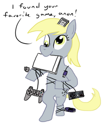 Size: 641x754 | Tagged: safe, artist:rapidstrike, character:derpy hooves, species:pegasus, species:pony, bipedal, controller, female, mare, mouth hold, simple background, solo, video game, white background