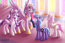 Size: 3000x2000 | Tagged: safe, artist:shad0w-galaxy, character:princess celestia, character:princess luna, character:starlight glimmer, character:twilight sparkle, character:twilight sparkle (alicorn), species:alicorn, species:pony, species:unicorn, alicornified, alternate universe, canterlot, cewestia, ethereal mane, female, filly, galaxy mane, high res, hoof shoes, mare, patreon, pink-mane celestia, princess starlight glimmer, race swap, role reversal, royal sisters, starlicorn, ultimate twilight, unicorn luna, woona, xk-class end-of-the-world scenario, young celestia, young luna, younger