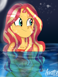 Size: 1800x2400 | Tagged: safe, artist:artmlpk, character:sunset shimmer, my little pony:equestria girls, alternate hairstyle, bikini, blushing, clothing, cute, drop, female, moon, shimmerbetes, solo, stars, swimming pool, swimsuit, water, wet, wet hair, wet mane