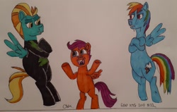 Size: 1939x1231 | Tagged: safe, artist:rapidsnap, character:lightning dust, character:rainbow dash, character:scootaloo, species:pegasus, species:pony, episode:the washouts, g4, my little pony: friendship is magic, clothing, traditional art, uniform, washouts uniform