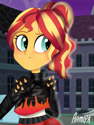 Size: 1800x2400 | Tagged: safe, alternate version, artist:artmlpk, character:sunset shimmer, my little pony:equestria girls, alternate hairstyle, badass, blushing, canterlot high, clothing, confused, cute, eyeshadow, fashion, female, fiery shimmer, jacket, leather jacket, leggings, makeup, night, ponytail, punk, shimmerbetes, solo, spikes