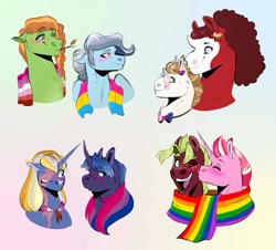 Size: 1280x1157 | Tagged: safe, artist:vindhov, oc, oc only, oc:black twig apple, oc:marigold twinkle, oc:moxie fizzlepop, oc:petit choux, oc:red velvet, oc:riposte, oc:silver lining, oc:snap apple, parent:applejack, parent:big macintosh, parent:cheerilee, parent:donut joe, parent:pinkie pie, parent:princess cadance, parent:rainbow dash, parent:rarity, parent:shining armor, parent:soarin', parent:sunburst, parent:tempest shadow, parent:trixie, parent:trouble shoes, parent:twilight sparkle, parent:wind rider, parents:cheerimac, parents:rarijoe, parents:shiningcadance, parents:soarinjack, parents:tempestrix, parents:trouble pie, parents:twiburst, parents:windash, species:earth pony, species:pegasus, species:pony, species:unicorn, bust, clothing, female, gay, gradient background, kiss on the cheek, kissing, lesbian, magical lesbian spawn, male, mare, missing eye, oc x oc, offspring, offspring shipping, pansexual, pride, pride flag, scar, scarf, scarred, shipping, stallion, straw in mouth