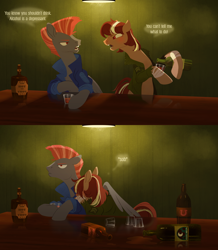 Size: 3480x4000 | Tagged: safe, artist:mellowhen, oc, oc only, oc:hotshot, oc:roulette, species:earth pony, species:pegasus, species:pony, fallout equestria, alcohol, apathy, bar, comforting, comic, crying, dialogue, drink, drunk, empty bottles, female, lamp, lighting, male, mare, panel, pouring, sad, shadow, speech bubble, stallion