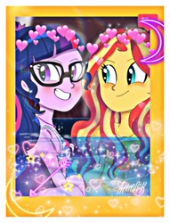 Size: 1800x2355 | Tagged: safe, artist:artmlpk, edit, character:sunset shimmer, character:twilight sparkle, character:twilight sparkle (scitwi), species:eqg human, my little pony:equestria girls, bikini, clothing, cute, duo, shimmerbetes, swimsuit, twiabetes