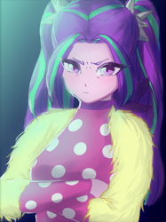 Size: 751x1002 | Tagged: safe, artist:amazingpuffhair, character:aria blaze, episode:find the magic, g4, my little pony: equestria girls, my little pony:equestria girls, spoiler:eqg series (season 2), clothing, crossed arms, female, looking at you, mood, pigtails, polka dots, resting bitch face, solo, twintails, unamused