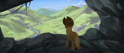 Size: 2520x1080 | Tagged: safe, artist:amarthgul, character:applejack, species:earth pony, species:pony, newbie artist training grounds, atg 2019, away from viewer, cave, female, mare, river, scenery, solo