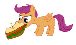 Size: 1000x600 | Tagged: safe, artist:rapidstrike, character:scootaloo, species:pegasus, species:pony, eating, female, filly, sandwich, scootaburger, simple background, solo, white background