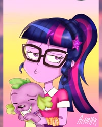 Size: 716x896 | Tagged: safe, artist:artmlpk, character:spike, character:spike (dog), character:twilight sparkle, character:twilight sparkle (scitwi), species:dog, species:eqg human, episode:the road less scheduled, g4, my little pony: equestria girls, my little pony:equestria girls, spoiler:choose your own ending (season 2), spoiler:eqg series (season 2), adorkable, bracelet, cute, dork, duckface, duo, face, female, funny, geode of telekinesis, glasses, jewelry, magical geodes, male, ponytail, smiling, spikabetes, the road less scheduled: microchips, twiabetes
