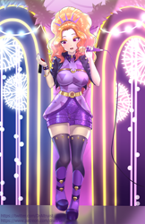 Size: 776x1200 | Tagged: safe, artist:draltruist, character:adagio dazzle, species:human, episode:find the magic, g4, my little pony: equestria girls, my little pony:equestria girls, spoiler:eqg series (season 2), adoragio, boots, bracelet, busty adagio dazzle, clothing, commission, cute, eyeshadow, female, high heel boots, humanized, jacket, jewelry, makeup, microphone, nail polish, shoes, singing, socks, solo, stage, thigh highs