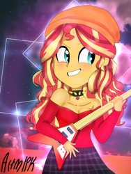 Size: 1800x2400 | Tagged: safe, alternate version, artist:artmlpk, character:sunset shimmer, my little pony:equestria girls, alternate costumes, beanie, blushing, choker, clothing, cute, design, female, guitar, hat, hippie, plaid skirt, playing guitar, punk, shimmerbetes, smiley face, solo