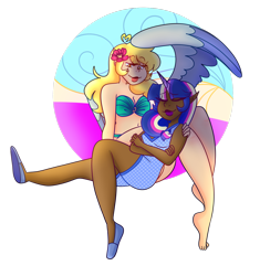 Size: 1280x1361 | Tagged: safe, artist:cubbybatdoodles, character:derpy hooves, character:twilight sparkle, species:human, ship:twerpy, dark skin, ditzy doo, elf ears, female, flower, flower in hair, horn, horned humanization, humanized, lesbian, shipping, winged humanization, wings, woman