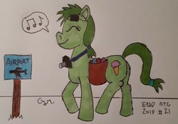Size: 1332x931 | Tagged: safe, artist:rapidsnap, oc, oc only, species:earth pony, species:pony, newbie artist training grounds, atg 2019, camera, eyes closed, ice cream cone, music notes, pictogram, plane, saddle bag, sign, solo, traditional art