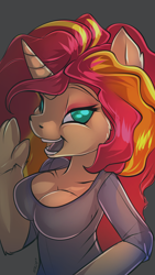 Size: 1080x1920 | Tagged: safe, artist:noben, oc, oc only, oc:summer solstice, parent:adagio dazzle, parent:sunset shimmer, parents:sunsagio, species:anthro, species:pony, species:unicorn, anthro oc, breasts, cleavage, clothing, commission, female, looking at you, magical lesbian spawn, offspring, shirt, simple background, smiling, solo, unicorn oc, waving