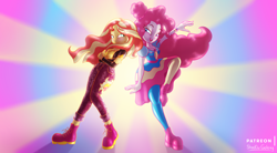 Size: 3080x1705 | Tagged: safe, artist:shad0w-galaxy, character:pinkie pie, character:sunset shimmer, ship:sunsetpie, equestria girls:sunset's backstage pass, g4, my little pony: equestria girls, my little pony:equestria girls, spoiler:eqg series (season 2), clothing, female, geode of sugar bombs, high res, lesbian, magical geodes, patreon, screenshot redraw, shipping, shoes, sneakers