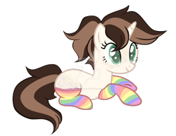 Size: 1280x988 | Tagged: safe, artist:magicdarkart, base used, oc, oc only, species:pony, species:unicorn, butt freckles, clothing, deviantart watermark, female, freckles, mare, obtrusive watermark, prone, rainbow socks, simple background, socks, solo, striped socks, transparent background, watermark