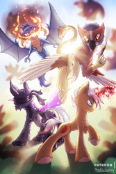Size: 2000x3000 | Tagged: safe, artist:shad0w-galaxy, oc, oc only, species:changeling, species:dragon, species:griffon, species:pony, species:unicorn, blindfold, blood magic, changeling oc, commission, dungeons and dragons, fight, fire, glowing horn, griffon oc, gun, high res, horn, lens flare, patreon, pen and paper rpg, purple changeling, raised hoof, rpg, smoke, unshorn fetlocks, weapon