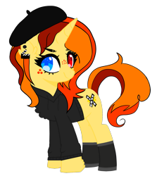 Size: 1299x1456 | Tagged: safe, artist:moon-rose-rosie, artist:rukemon, base used, oc, oc only, oc:cee gee ie, species:pony, species:unicorn, beret, boots, clothing, commission, ear piercing, earring, female, freckles, hat, heterochromia, hoodie, jewelry, mare, piercing, shoes, simple background, solo, transparent background