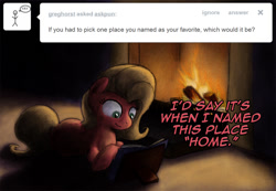 Size: 1156x800 | Tagged: safe, artist:hewison, oc, oc:pun, species:earth pony, species:pony, ask pun, ask, book, female, fireplace, mare, prone, solo