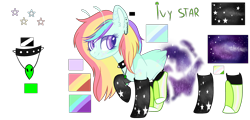 Size: 3000x1438 | Tagged: safe, artist:rukemon, oc, oc only, oc:ivy star, alien pony, species:earth pony, species:pony, alien, antennae, boots, choker, clothing, ear piercing, earring, female, jewelry, mare, markings, multicolored hair, necklace, piercing, rainbow hair, raised hoof, raised leg, reference sheet, shoes, simple background, socks, spiked choker, transparent background