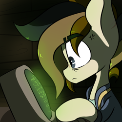 Size: 900x900 | Tagged: safe, artist:crimmharmony, oc, oc only, oc:115, species:earth pony, species:pony, fallout equestria, annoyed, clothing, computer, cross-popping veins, glyph, hacking, jumpsuit, solo, terminal, text, tired