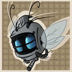 Size: 1050x1050 | Tagged: safe, artist:crimmharmony, oc, oc only, fallout equestria, abstract background, antennae, barely pony related, drone, fallout, flying, insect wings, robot, scratches, solo, spritebot, wings