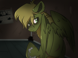 Size: 1400x1050 | Tagged: safe, artist:crimmharmony, oc, oc only, oc:murky, species:pegasus, species:pony, fallout equestria, bloodshot eyes, dark, fallout equestria: murky number seven, fanfic art, looking at you, looking back, looking back at you, male, room, ruins, scar, solo, stallion, tired