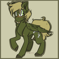 Size: 1050x1050 | Tagged: safe, artist:crimmharmony, oc, oc only, oc:murky, species:pegasus, species:pony, fallout equestria, fallout equestria: murky number seven, fanfic art, looking back, male, scar, simple background, solo, stallion, standing