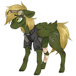 Size: 900x900 | Tagged: safe, artist:crimmharmony, oc, oc only, oc:murky, species:pegasus, species:pony, fallout equestria, bandage, dirty, duster, fallout equestria: murky number seven, fanfic art, goggles, male, simple background, solo, stallion, standing, transparent background