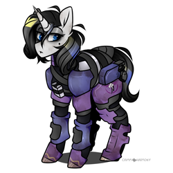 Size: 1050x1050 | Tagged: safe, artist:crimmharmony, oc, oc only, oc:shadow spade, species:pony, species:unicorn, fallout equestria, armor, beauty mark, black eyeshadow, blank, blank of rarity, commissioner:genki, dead eyes, dirty, fallout equestria: kingpin, gun, handgun, justice mare, moa stealth armor, not rarity, pistol, power armor, simple background, solo, weapon, white background