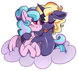 Size: 1050x950 | Tagged: safe, artist:crimmharmony, oc, oc only, unnamed oc, species:pegasus, species:pony, species:unicorn, blushing, bust, cloud, couple, duo, female, looking at each other, male, mare, simple background, stallion, transparent background