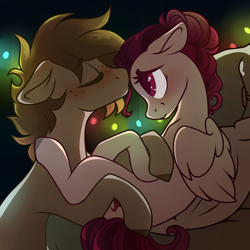 Size: 2500x2500 | Tagged: safe, artist:crimmharmony, oc, oc only, oc:crimm harmony, oc:stitched laces, species:earth pony, species:pegasus, species:pony, blushing, christmas, christmas lights, couch, couple, crimmaces, duo, embrace, female, holiday, kissing, looking at each other, male, mare, simple background, sitting, stallion