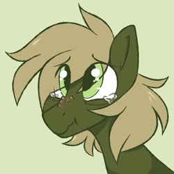 Size: 800x800 | Tagged: safe, artist:crimmharmony, oc, oc only, oc:murky, species:pegasus, species:pony, fallout equestria, bust, fallout equestria: murky number seven, fanfic art, green background, looking at you, male, portrait, sad, simple background, solo, stallion, teary eyes, wart