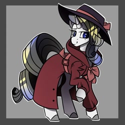 Size: 1050x1050 | Tagged: safe, artist:crimmharmony, oc, oc:shadow spade, species:pony, species:unicorn, fallout equestria, beauty mark, blank, blank of rarity, blue eyes, clothing, coat, commissioner:genki, detective, detective rarity, fallout equestria: kingpin, gray background, hat, justice mare, lawbringer, not rarity, simple background, solo, standing, trenchcoat, unicorn oc