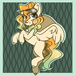 Size: 900x900 | Tagged: safe, artist:crimmharmony, oc, oc only, unnamed oc, species:pegasus, species:pony, abstract background, art trade, blushing, female, flying, goggles, green background, mare, simple background, solo, spread wings, wings