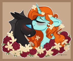 Size: 1075x900 | Tagged: safe, artist:crimmharmony, oc, oc only, oc:corvus, oc:corvus hooves, oc:crann taca, species:changeling, species:pony, species:unicorn, blushing, brown background, bust, couple, duo, embrace, female, flower, flower in hair, interspecies, kissing, male, mare, oc x oc, shipping, simple background, wreath