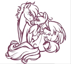 Size: 653x587 | Tagged: safe, artist:crimmharmony, oc, oc only, oc:crimm harmony, oc:stitched laces, species:earth pony, species:pegasus, species:pony, couple, crimmaces, duo, female, looking at each other, male, mare, monochrome, simple background, sitting, sketch, spread wings, stallion, white background, wings