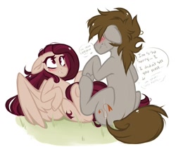Size: 1080x945 | Tagged: safe, artist:crimmharmony, oc, oc only, oc:crimm harmony, oc:stitched laces, species:earth pony, species:pegasus, species:pony, blushing, crimmaces, dialogue, duo, embarrassed, female, grass, grass field, looking at each other, male, mare, shipping, speech bubble, stallion