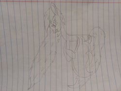 Size: 4656x3492 | Tagged: safe, artist:rainbow dash is best pony, character:nightmare rainbow dash, character:rainbow dash, species:pegasus, species:pony, backwards cutie mark, female, flying, gritted teeth, lined paper, nightmarified, pencil drawing, slit pupils, solo, spread wings, traditional art, wings