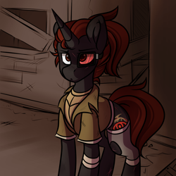 Size: 900x900 | Tagged: safe, artist:crimmharmony, oc, oc only, oc:protege, species:pony, species:unicorn, fallout equestria, bandage, bruised, clothing, fallout equestria: murky number seven, fanfic art, jacket, male, scar, solo, stallion