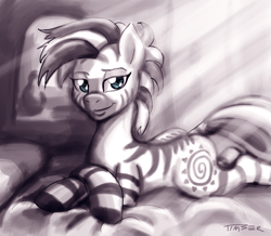 Size: 1145x1000 | Tagged: safe, artist:pluckyninja, character:zecora, species:zebra, bed, bedroom eyes, cute, female, lying down, messy mane, monochrome, solo