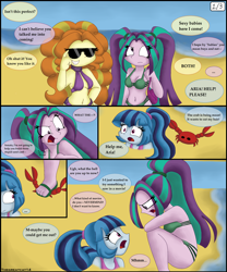 Size: 2584x3104 | Tagged: safe, artist:queentigrel, character:adagio dazzle, character:aria blaze, character:sonata dusk, species:crab, my little pony:equestria girls, beach, belly button, bikini, bocas top, breasts, buried in sand, cleavage, clothing, comic, feet, female, high res, implied bisexual, sandals, strappy bikini, swimsuit, the dazzlings
