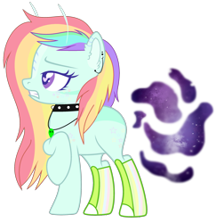 Size: 2533x2610 | Tagged: safe, artist:rukemon, oc, oc only, oc:ivy star, species:earth pony, species:pony, alien, antennae, boots, choker, ear piercing, earring, female, heart eyes, jewelry, mare, multicolored hair, necklace, piercing, rainbow hair, raised hoof, shoes, simple background, solo, spiked choker, transparent background, wingding eyes