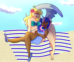 Size: 1280x1078 | Tagged: safe, artist:cubbybatdoodles, character:derpy hooves, character:twilight sparkle, species:human, ship:twerpy, beach, bikini, clothing, dark skin, ditzy doo, female, flower, flower in hair, horn, horned humanization, humanized, lesbian, shipping, swimsuit, winged humanization, wings