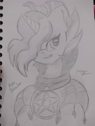Size: 3120x4160 | Tagged: safe, artist:zemer, oc, species:pony, species:unicorn, art trade, cape, clothing, ear piercing, earring, jewelry, pencil drawing, piercing, traditional art
