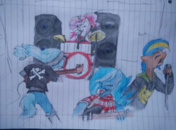 Size: 800x593 | Tagged: safe, artist:elisdoominika, oc, oc only, oc:sally, oc:sittis, oc:sweet elis, oc:thinker blue, species:anthro, band, bass guitar, drums, guitar, lined paper, musical instrument, rock band, singing, traditional art
