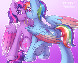 Size: 2778x2257 | Tagged: safe, artist:shad0w-galaxy, character:rainbow dash, character:twilight sparkle, character:twilight sparkle (alicorn), species:alicorn, species:pegasus, species:pony, ship:twidash, blushing, butt, cute, duo, female, fluffy, frog (hoof), high res, lesbian, looking at you, mare, patreon, patreon logo, plot, shipping, underhoof, unshorn fetlocks, wing fluff