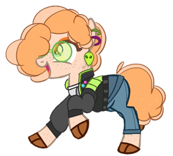 Size: 512x460 | Tagged: safe, artist:bluerosearrow, artist:rukemon, base used, oc, oc only, oc:wave length (ice1517), species:earth pony, species:pony, alien, clothing, commission, ear piercing, earring, eyeshadow, female, freckles, glasses, jacket, jeans, jewelry, makeup, mare, open mouth, pants, piercing, raised hoof, raised leg, shirt, simple background, solo, t-shirt, tattoo, transparent background, unshorn fetlocks