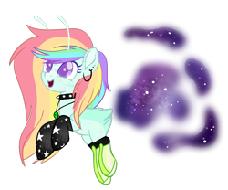 Size: 851x708 | Tagged: safe, artist:bluerosearrow, artist:rukemon, base used, oc, oc only, oc:ivy star, species:earth pony, species:pony, alien, antennae, boots, choker, clothing, commission, ear piercing, earring, female, jewelry, mare, multicolored hair, necklace, open mouth, piercing, rainbow hair, raised hoof, raised leg, shoes, simple background, socks, solo, spiked choker, transparent background